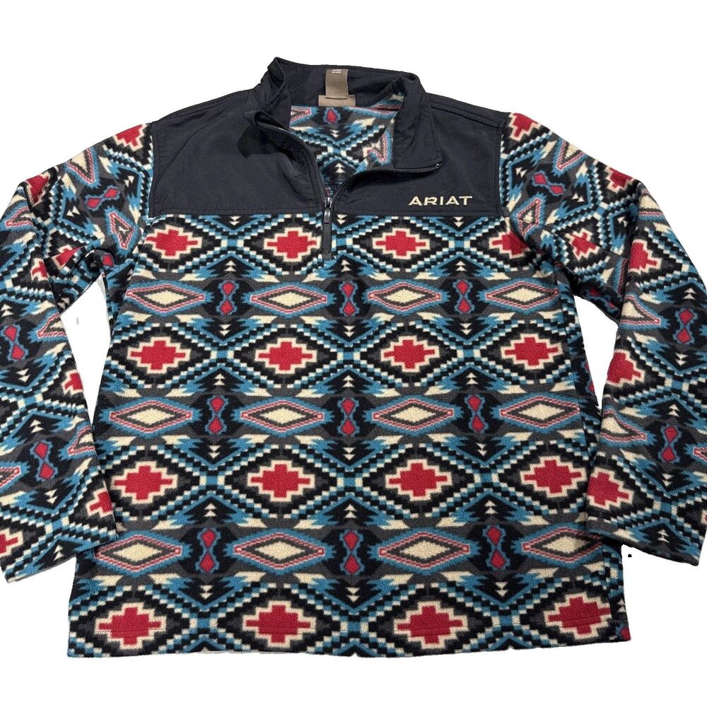 Ariat Mens Southwest Aztec 1/4 Zip Fleece Jacket Pullover Size Large Western